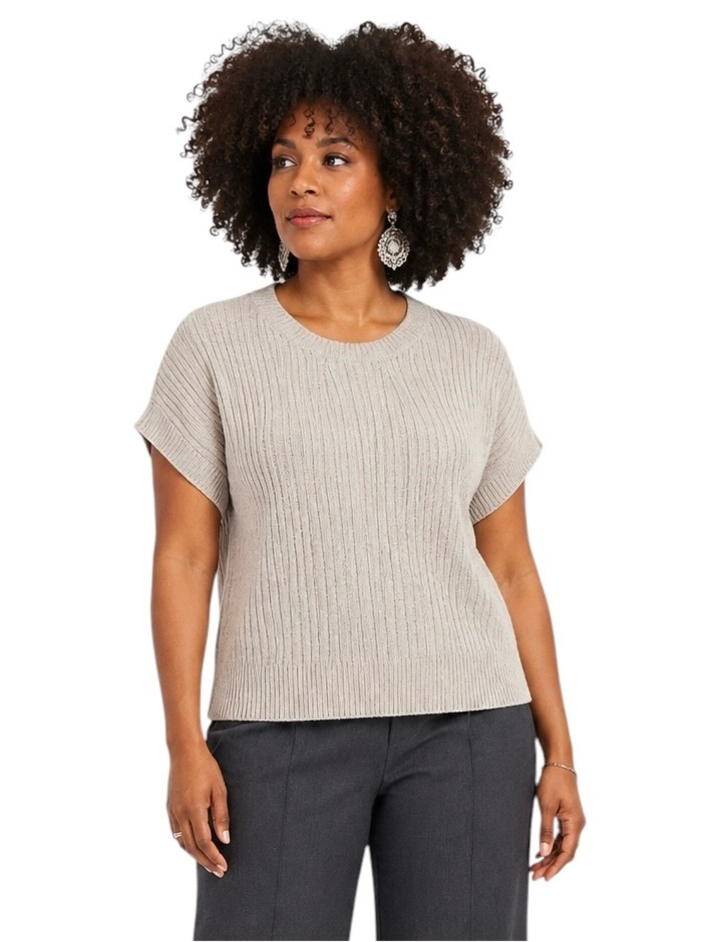 VINCE CAMUTO Sparkle Sequin Ribbed Winter White Sweater Top